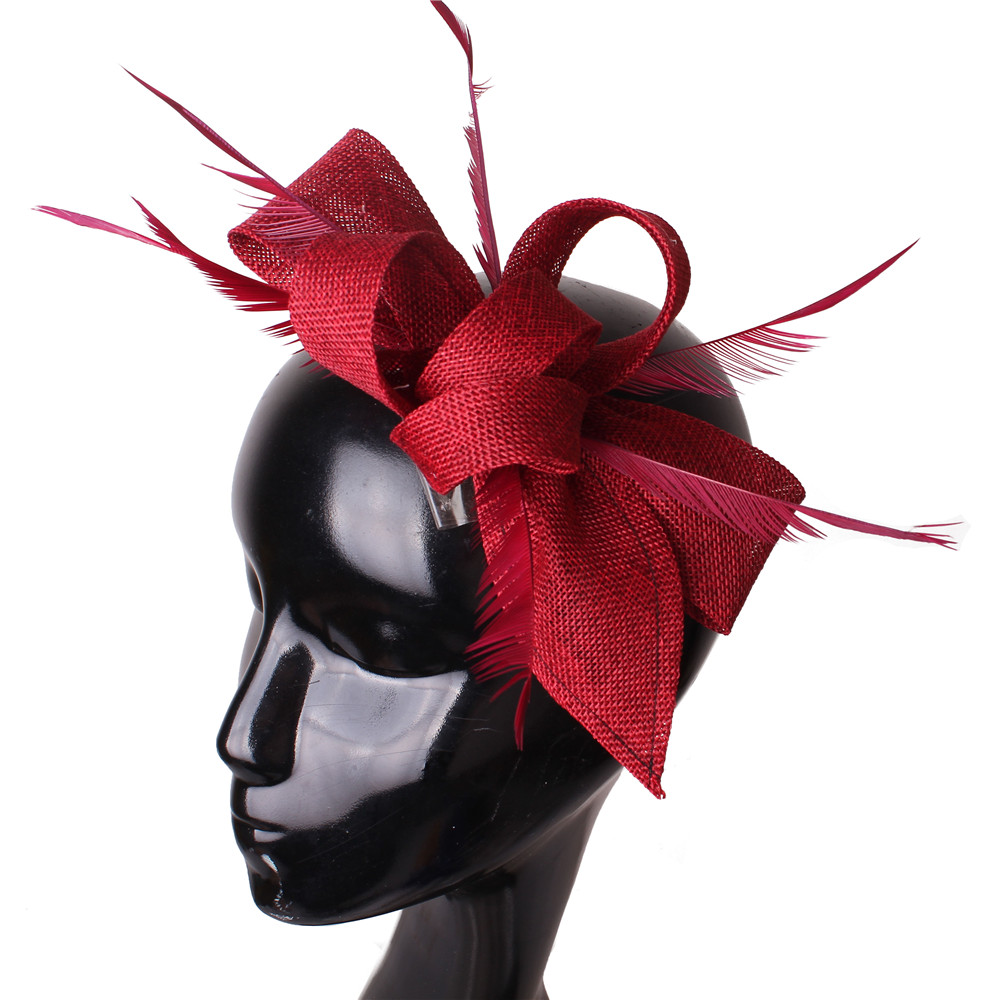 Nachahmung Sinamay Hochzeit Kopfbedeckung Braut Champagner Fascinator Hut Haarnadel mit ausgefallenen Federn Haarschmuck Damen Kopfschmuck: Wein Rot