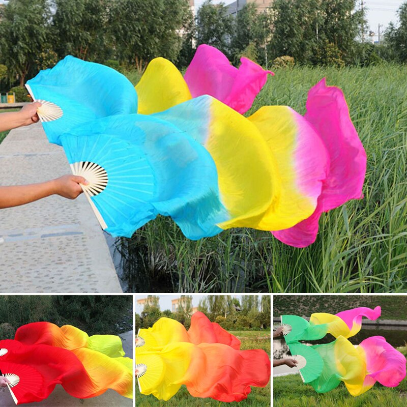 Regenbogen die Seide Fans tanzen Fan Bauchtanz Schleier Fans Handheld Bambus Fan Leistung Tanzen Faltbare Lange Fans Hause Dekoration