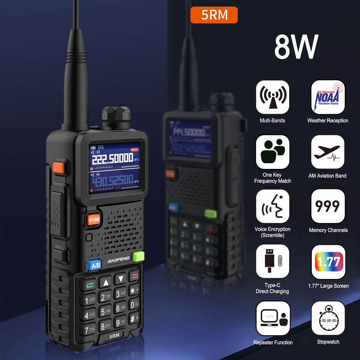 Baofeng 5rm 8w Air Band Amateurfunk Sechs-Band-Tri-Power-Funkgerät noaa 999ch Typ c UV-5RH pro