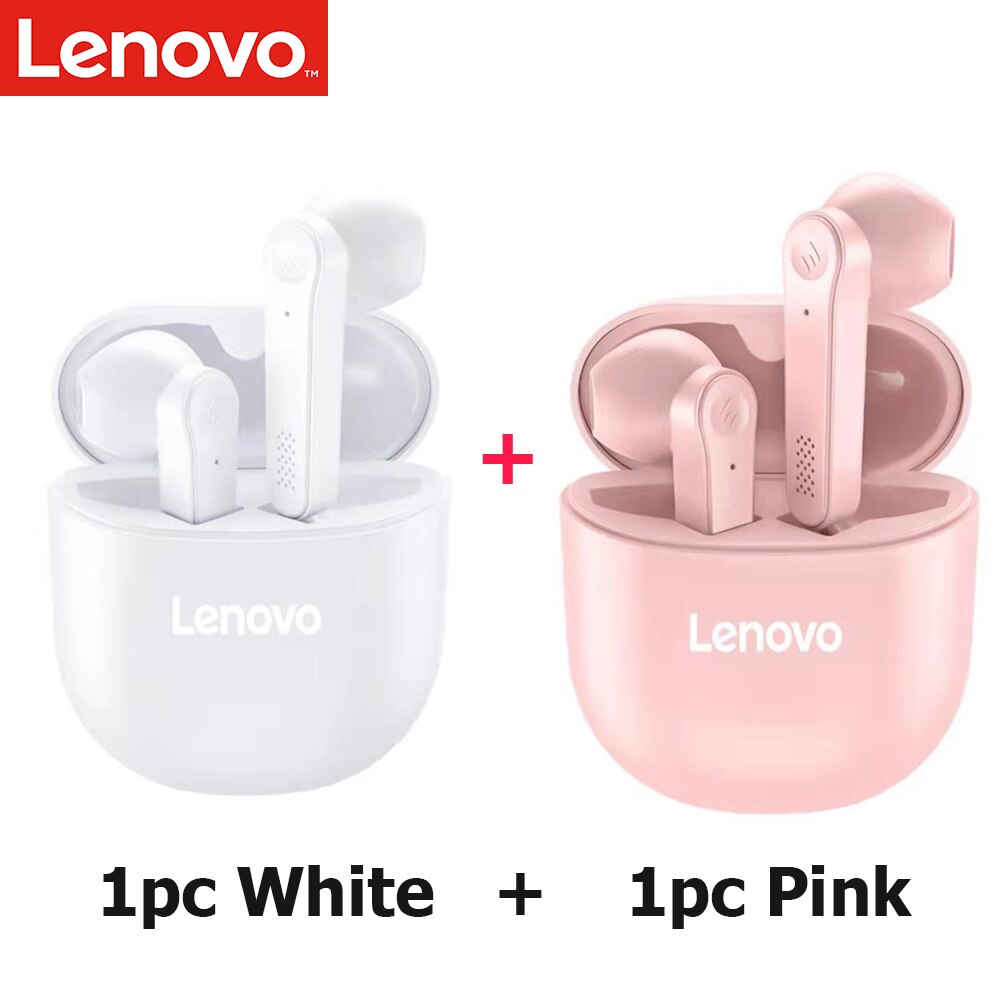 Lenovo PD1 Bluetooth 5.0 Earphones TWS Wireless Headphone Touch Control Semi-in-Ear Earbuds Stereo Bass Music Headset with Mic: White and Pink