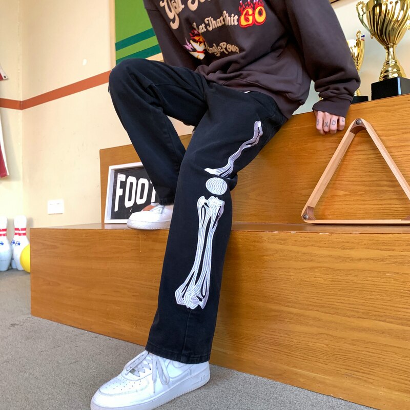Mænd skelet baggy kausal jeans bukser 2022 japansk streetwear brede ben s mandlige blå vintage denim bukser