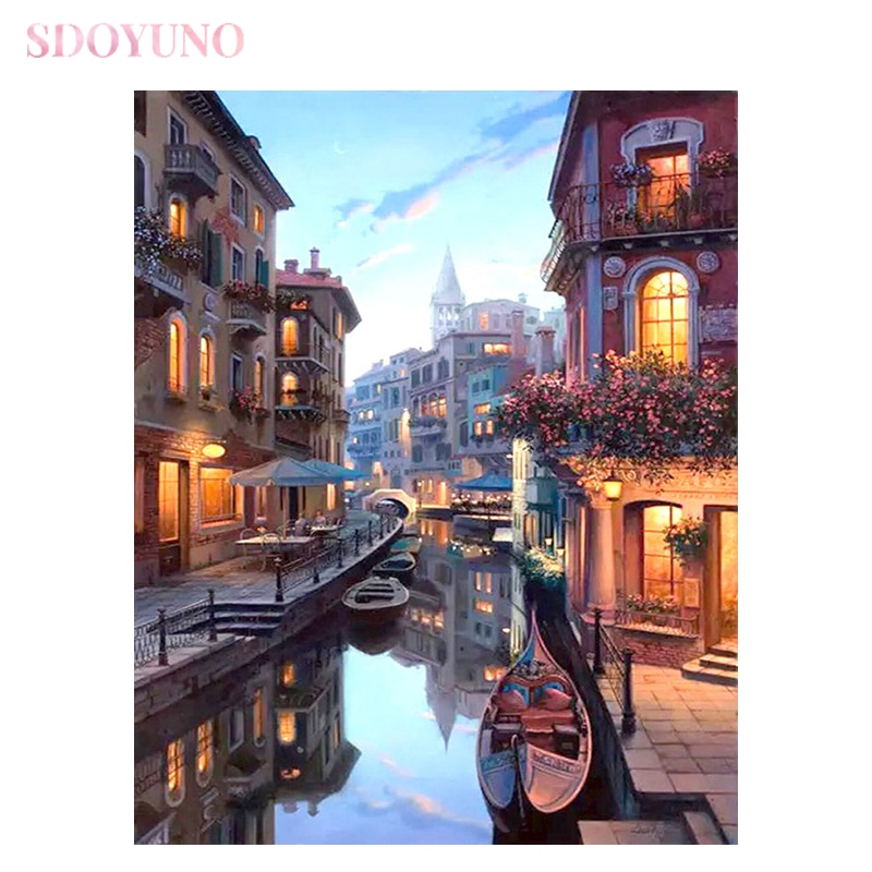 Sdoyuno Diy Schilderen Op Nummer Kit Met Frame Voor Volwassen Venetië Night Landschap Handgeschilderd Olieverf Art Supplies Acryl Verf Set
