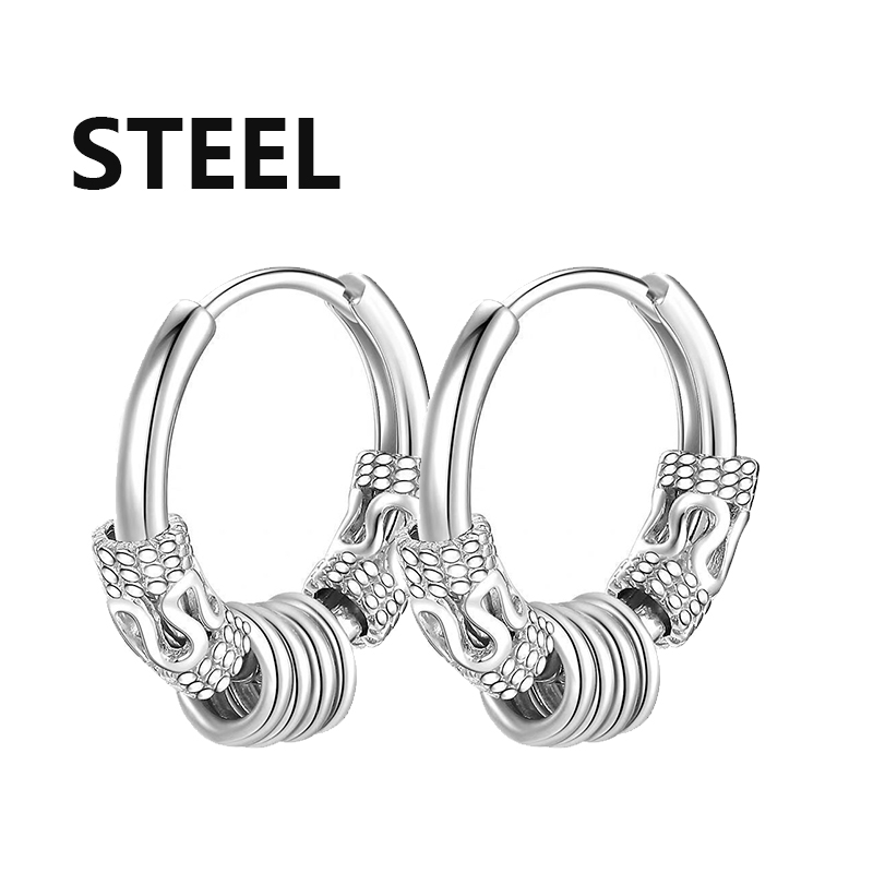 1 paire de boucles d'oreilles gothiques Punk en acier inoxydable pour hommes et femmes, Hip Hop Rock Vintage motif Dragon, cercle, bijoux: Imitation plaquée rhodium