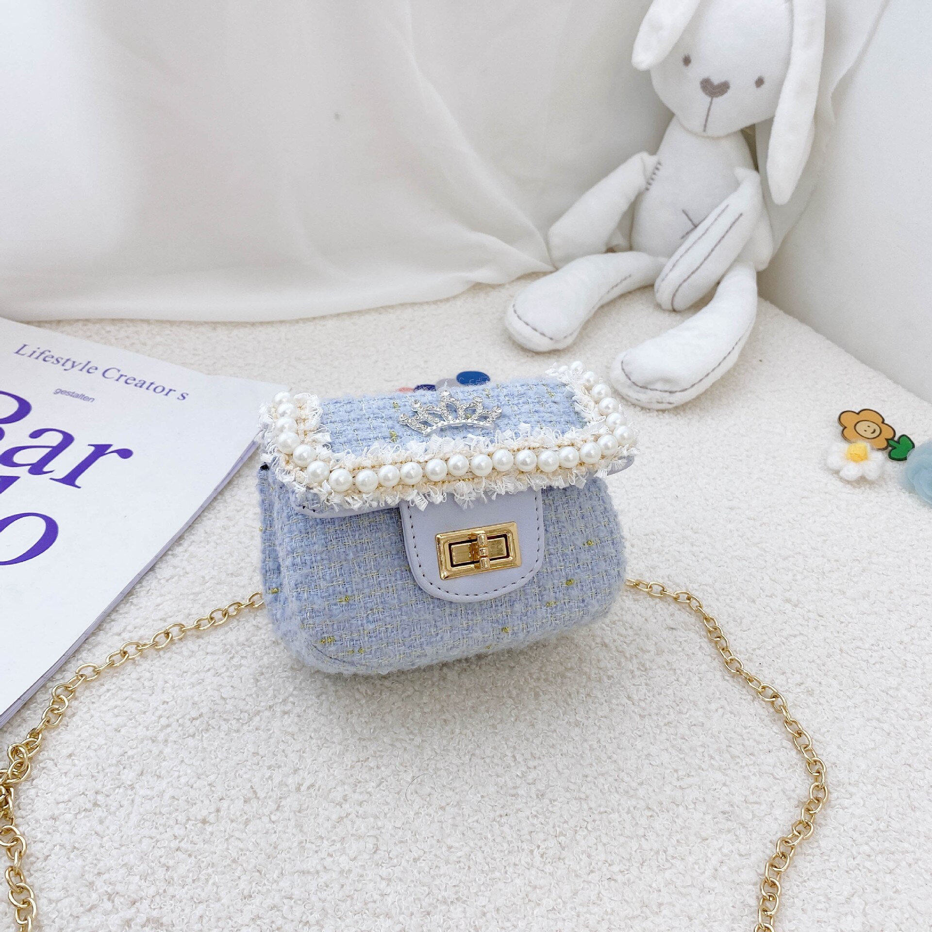 Korean Style Western Style Woolen Cherry Crown Bow Princess Girl Children Mini Crossbody Bag Women: Crown Blue