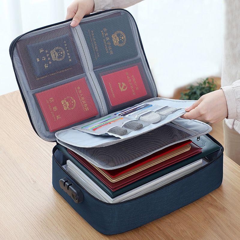 Portable Large Capacity Document Bag Password Lock File Folder Ticket Bag for Home Travel Organizer Storage Supplies Duffle Bag: 3 Layers Blue