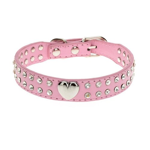 Zachte Steentjes Halsband PU Leer Gevoerde Kristal Metalen Hart Hond Pet Halsbanden voor Kleine Medium Hond Pet Chihuahua: Roze / M