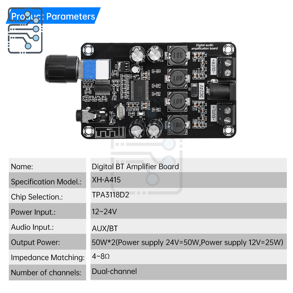 DC 12V-24V Class D amplifier module 50W*2 HiFi stereo Bluetooth 5.0 audio amplifier with adjustable volume protection amplifier