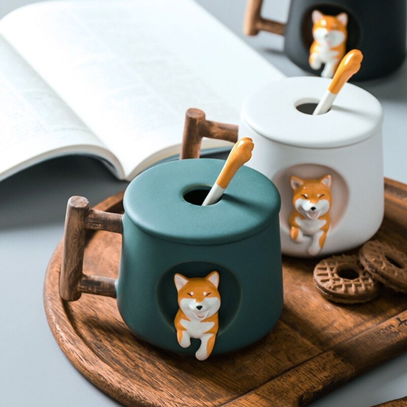 Taza de cerámica con dibujos de animales Shiba Inu para hombre y mujer, creativa, pareja con tapa, cuchara para beber, taza de agua café