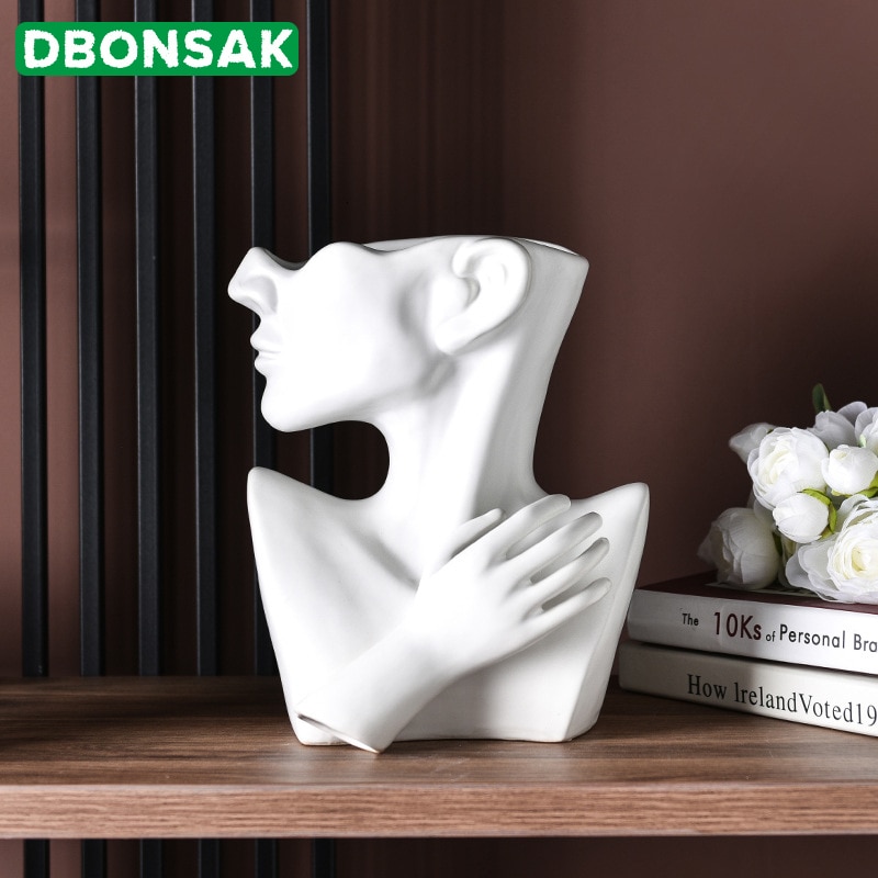Halvkrop menneskeligt ansigt keramisk blomsterpotte portræt skulptur ornament saftig karakter vase blomsterarrangement beholderindretning