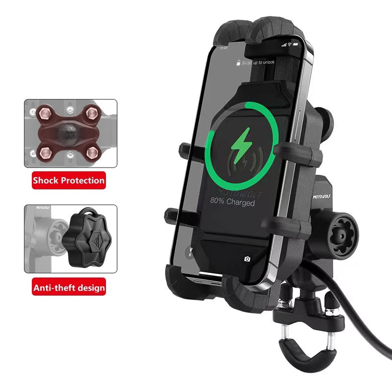 Soporte de teléfono para motocicleta, soporte de teléfono móvil para bicicleta, soporte de teléfono celular para bicicleta con cargador inalámbrico de carga rápida USB QC3.0: Rojo
