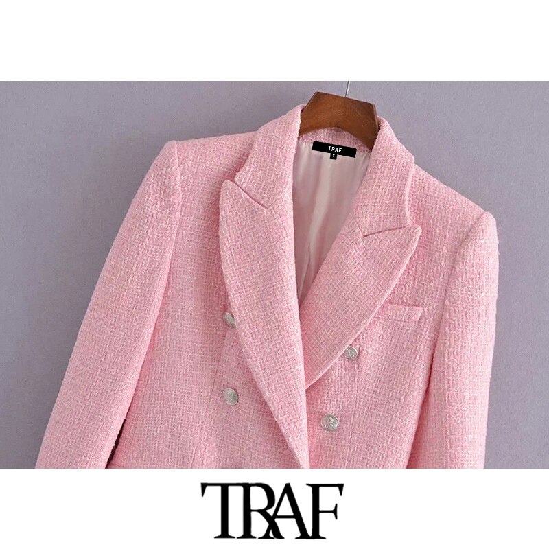 TRAF Women Double Breasted Tweed Check Blazer Coat Vintage Long Sleeve Pockets Female Outerwear Chic Veste