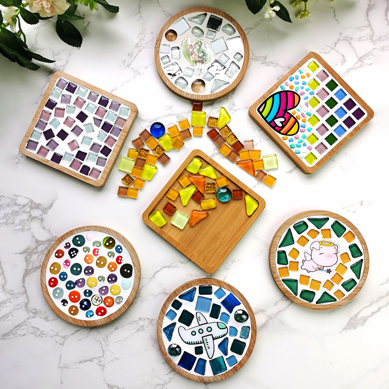 Posavasos redondo de madera para tazas, posavasos cuadrado con corazón de mosaico artesanal, mantel individual hecho a mano, herramienta de mosaico artesanal, ranura de bambú