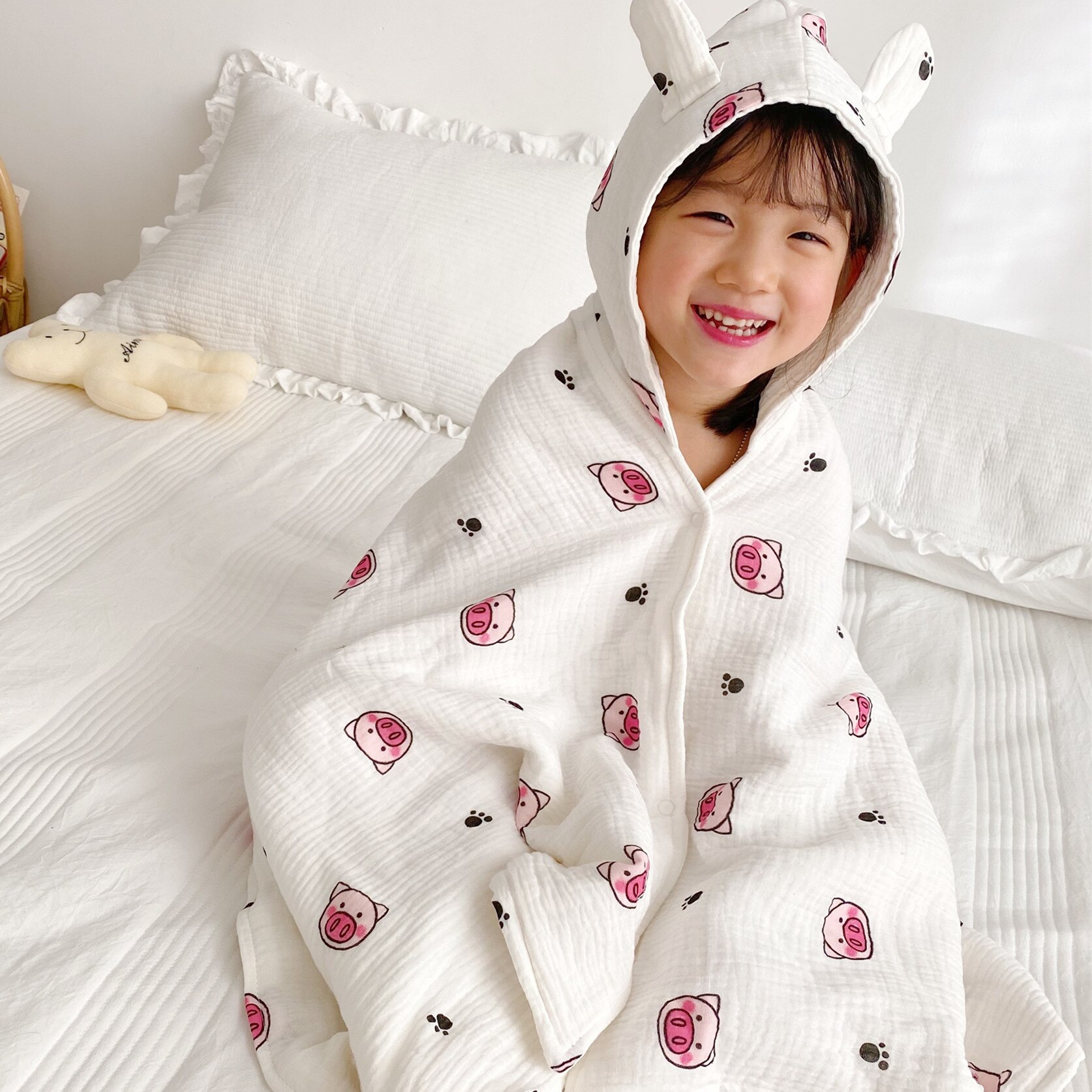 Kids Katoen Gaas Handdoek Mode Print Met Hoed Dekens Zomer Quilt Dunne Airconditioning Baby Meisjes Jongens Badjas BBX062: BBX062-A-Six layers