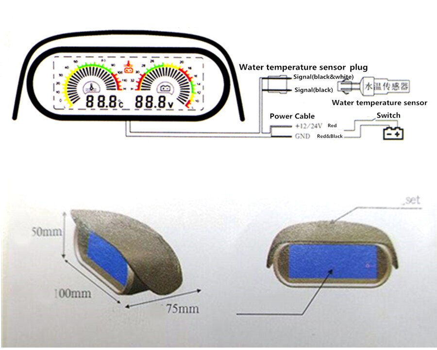 DC 12v-24v Car Truck Water Temperature Gauge Meter+ Voltmeter Voltage Gauge 2 Funtions Sunshield