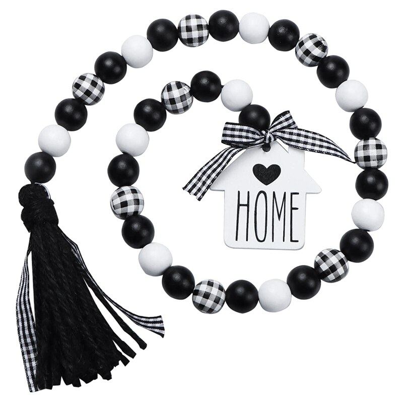 Farmhouse Wood Bead Garland,Black &amp; White Plaid Rustic Wooden Beads with Tassels for Farmhouse Tiered Tray Decor