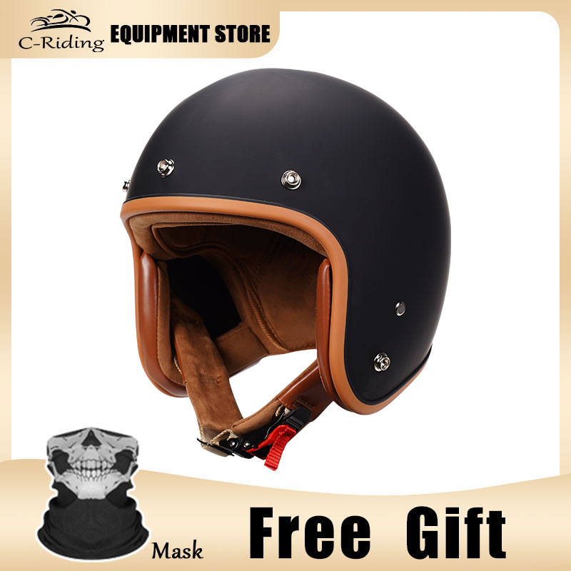 Lvory-cascos de Moto clásicos de cara abierta para hombre y mujer, medio casco para Moto, ciclomotor, Jet, Retro, blanco, aprobado por DOT, 3/4: Castaño / M