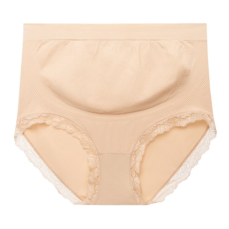 High Waist Belly Nylon Maternity Panties with Lace Breathable Briefs Clothes for Pregnant Women Pregnancy Underwear: Beige / XL