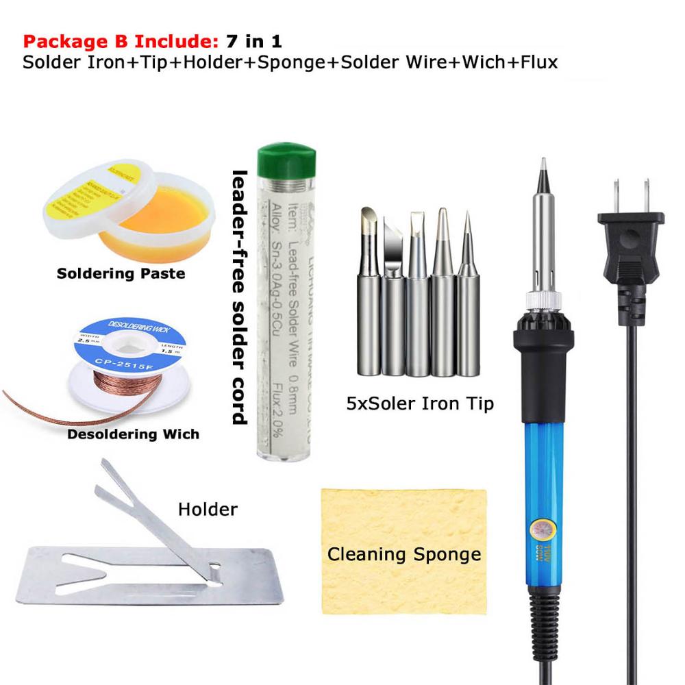 60W Electric Soldering Iron Welding Tool Kit Set Ceramic Heater Adjustable Temperature w/ Solder Pump Wire Tweezer Tip 110/220V: Package B / US