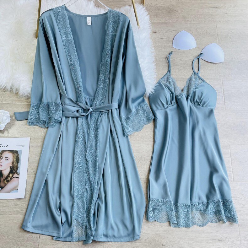 Vrouwen Met Beha Intieme Robe Gown Set Sexy V-hals Band Nachtjapon Lente Herfst Faux Zijde Nachtkleding Pyjama Zoete Kant Nachtkleding