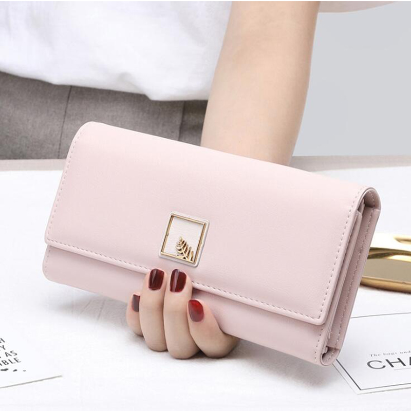 Mærke kvinder tegnebøger pu læder taske lang telefon tegnebog blade pose håndtaske til kvinder mønt pung kortholder kobling: Lyserød