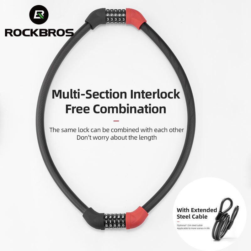 ROCKBROS Bike Lock Five-digit Code Anti-theft 1.72CM Bold 87CM Steel Cable Password Lock PVC Wrapped Lock MTB Road Accessories