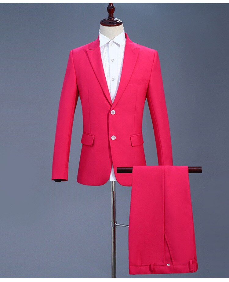 Men's 2 Piece Rose Red Suits With Pants Brand Slim Fit Single Breasted Formal Business Dress Suit Men For Wedding XXL