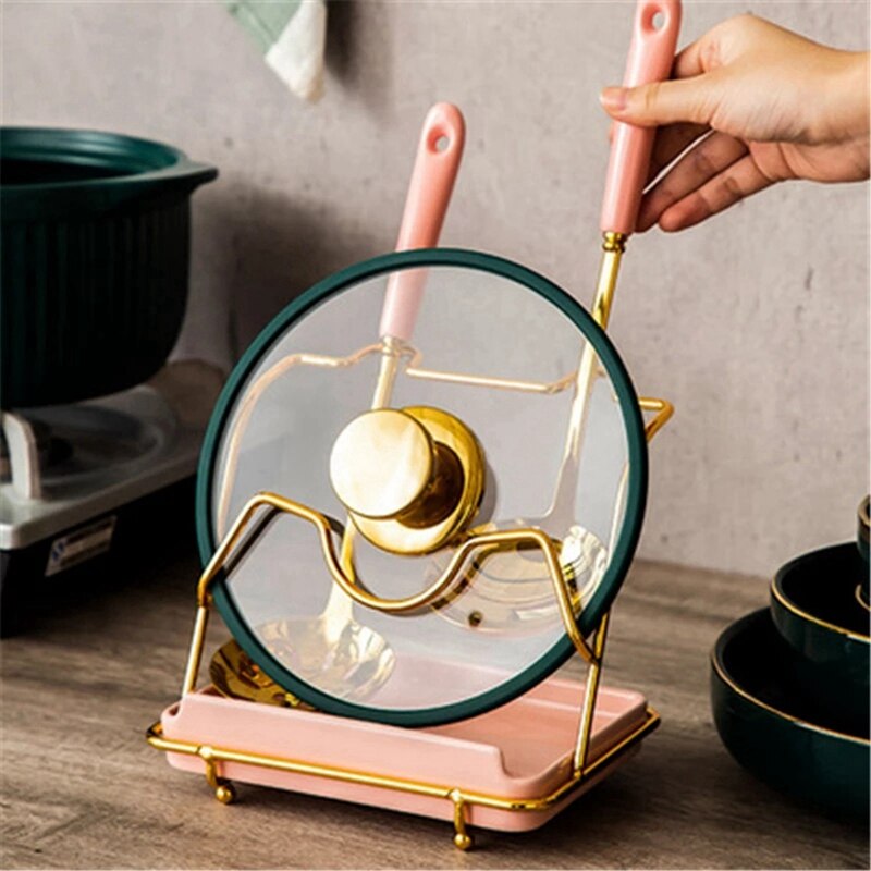 Kitchen Pot Cover Rack Organizer Pot Lid Shelf Cooking Storage Spoon Spatula Ladle Holder Cookbook Stand Home