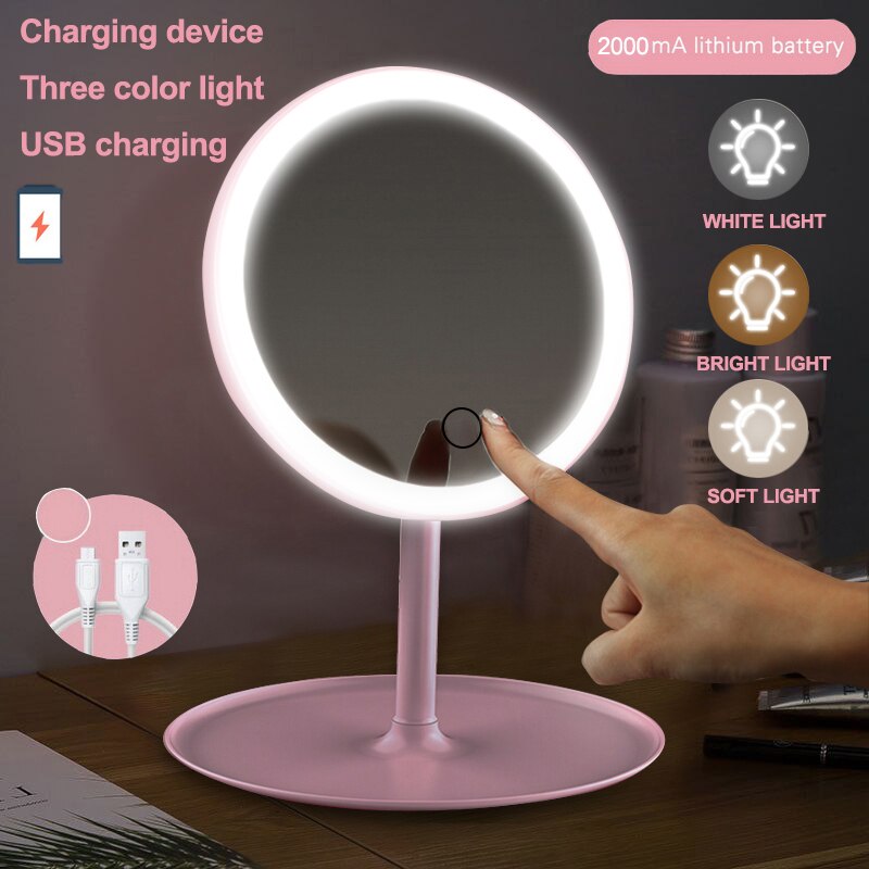 Makeup mirror with led mirrors 5 times magnifier standing mirror touch screen vanity mirror With lights desk cosmetic mirrors: Pink C Style