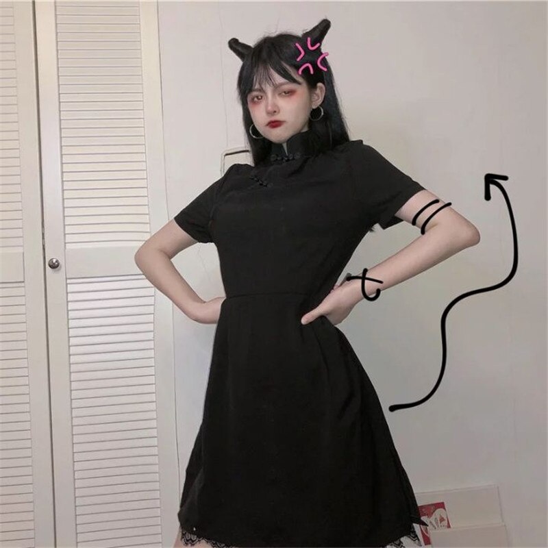 Japonais Harajuku Vintage gothique Lolita robes noir mince Style chinois Cheongsam robe