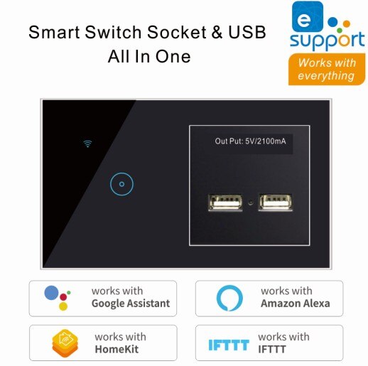 2 In 1 Wall Smart Switch Socket Tempered Glass Touching Button Wall Smart Light Controlling Panel: black / 1-Gang