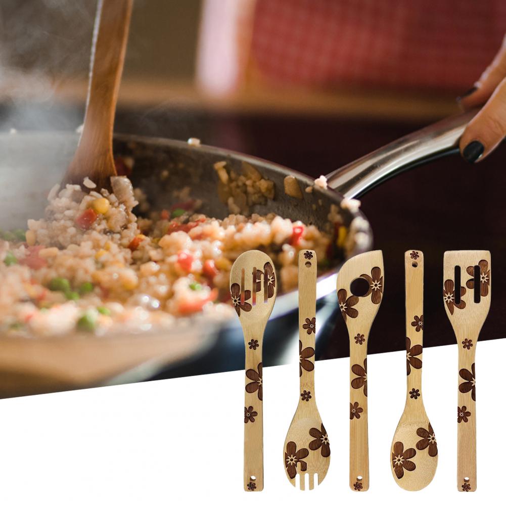 Juego de pala antiadherente de bambú para cocina, cuchara gruesa resistente al calor, 5 piezas