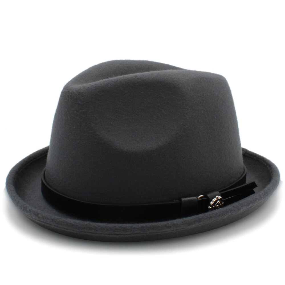 Mænds filt fedora hat til herre vinter efterår kirke roll up brim homburg far jazz hat med bælte: Grå