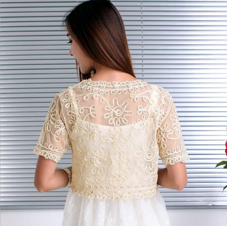 Frauen Grundlegende Mantel Stickerei Band Perlen Verschönert Kurzarm Strickjacke Sehen-Durch schier Spitze Gittergewebe Bolero oben Jacke