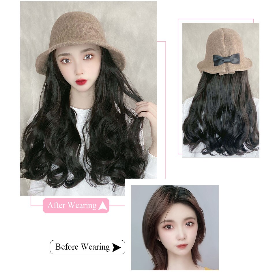 HUAYA chapeau perruque synthétique Long ondulé bouclé chapeau de pêcheur Extensions de perruque femmes résistant à la chaleur fibre quotidien faux cheveux chapeau