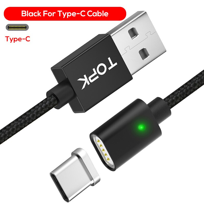 Topk f 線磁気 usb タイプ c ケーブル 5 v 2.4A ナイロン編組 led インジケータ usb c マグネット充電器 usb タイプ c 電話: Black Cable / 1M