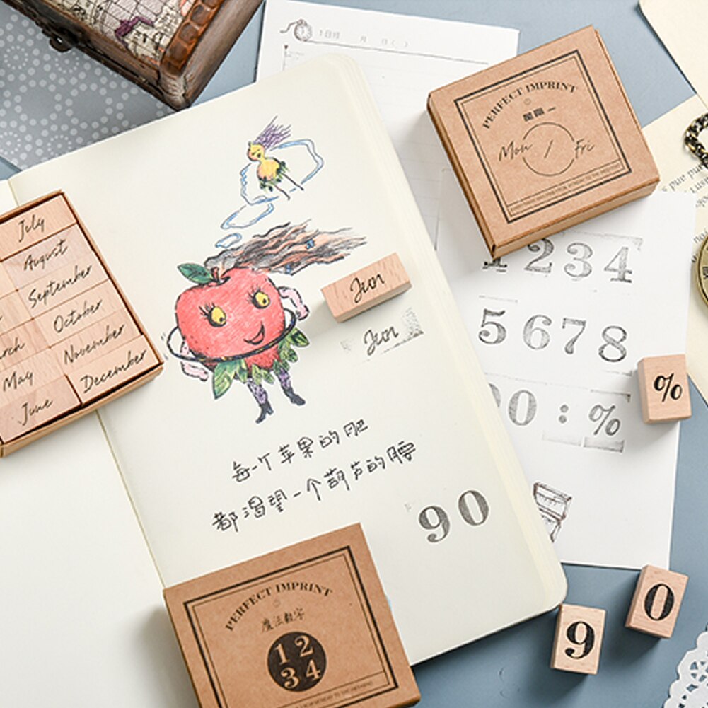 Retro Vintage Month Week Planner Stamp Basic Function Series Digital Symbol Stamp Wooden DIY Seal Stationery Office Supplies