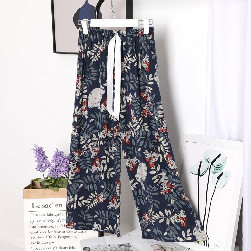 Pantalon en coton respirant pour femmes, imprimé Floral, jambes larges, cordon de serrage, vêtements de maison, Long, été: 7