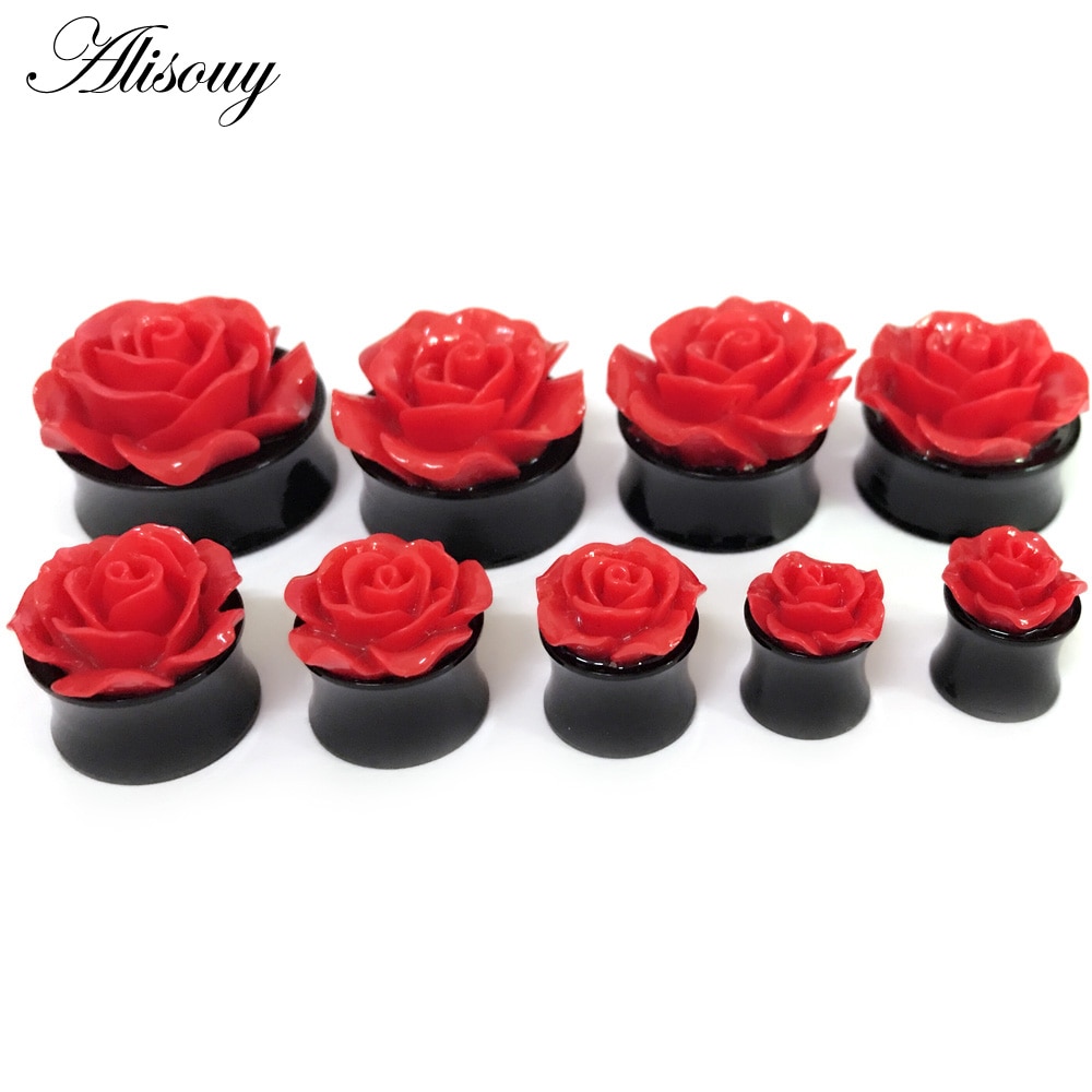 Alisouy 2PC 3D Red Rose Flower Ear Plug Acrylic Flesh Ear Plug and Tunnels Ear Expander Gauges 8-16mm ear jewelry for women girl