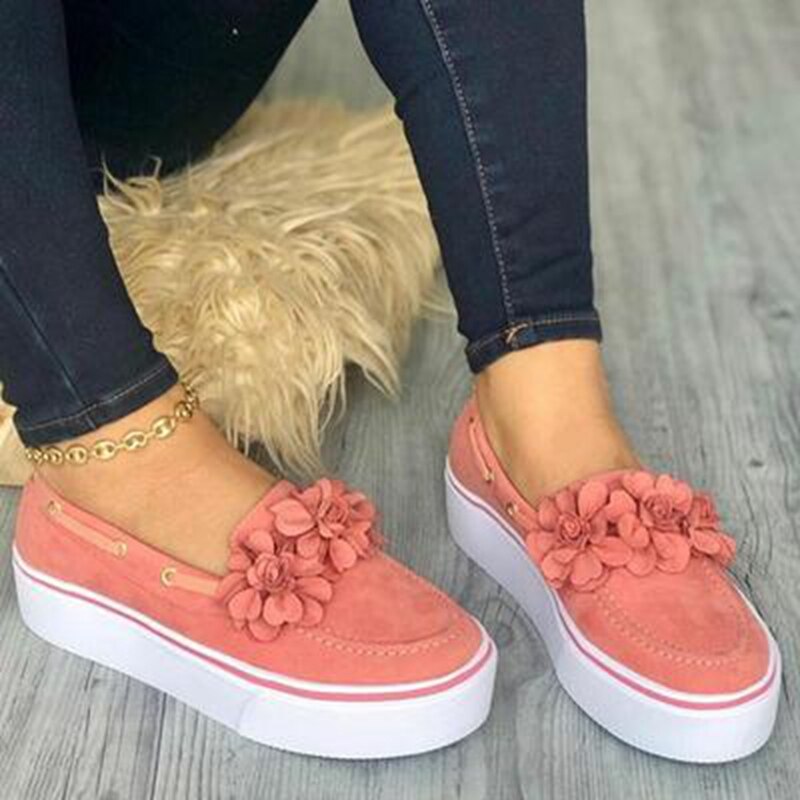 HEFLASHOR primavera mujer pisos plataforma zapatillas deslizantes en pisos cuero gamuza señoras mocasines Casual Floral zapatos: pink / 43