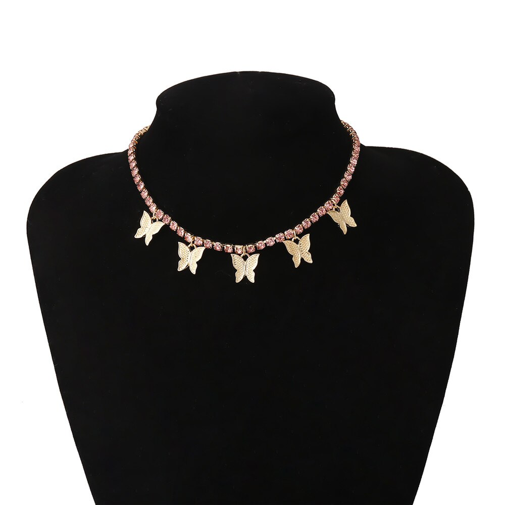 COLLAR COLGANTE gargantilla de mariposa de cristal con diamantes de imitación brillantes para mujer, de cadena de joyería Punk de de aniversario de para mujer: Pink Gold