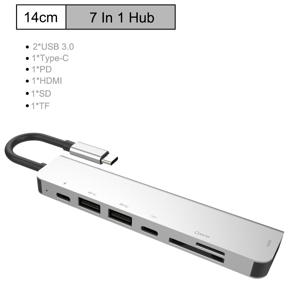 7 in 1 Type-C USB Hub Docking Station 4K HDMl-compatible HD USB 3.0 PD Fast Charging SD TF Card Readers Multi-function Converter