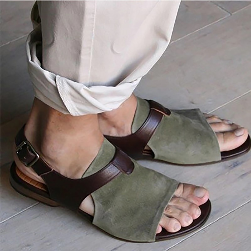 Sandalias romanas informales para hombre, zapatos planos Retro de Punta abierta para playa, sandalias de gladiador con cinturón y hebilla, talla grande, verano,