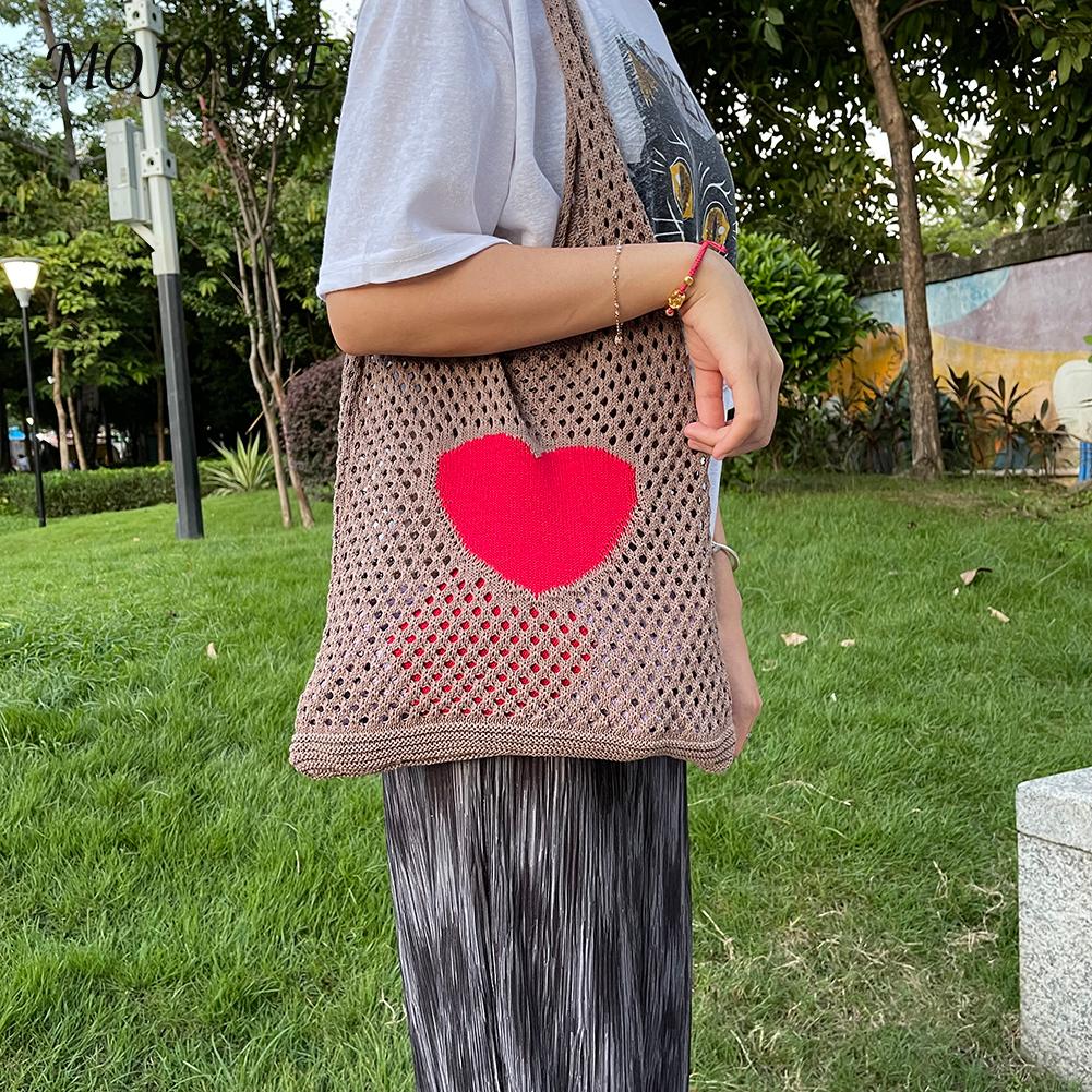 Knitted Shoulder Bags Casual Handmade Mesh Hollow Woven Handbag Travel Portable Crochet Bag Clutch Large Capacity Bags