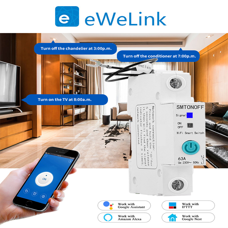 WiFi circuit breaker din rail switch timer remote control by ewelink app voice control Alexa echo and google home for Smart Home