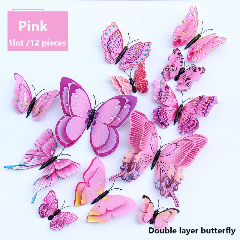 12 pièces/lot multicolore papillon Stickers muraux Double couche 3D bricolage papillons Stickers muraux pour décor à la maison salon: Rose