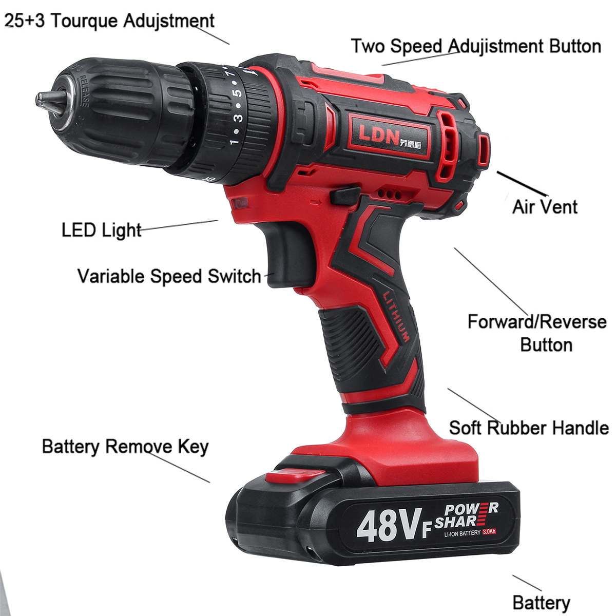 Cordless Electric Impact Drill Screwdriver 25+3 Torque 48V Rechargeable Dual Speed Power Tools With 2 Battery