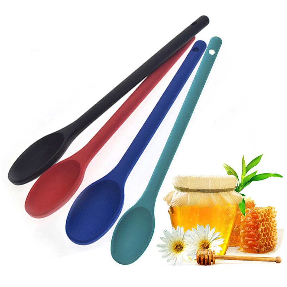 2 Pcs Spoon Long Handle Black Red Blue Green Teaspoons Silicone Salad Food Mixing Stirring Kitchen Cooking Tool Tableware