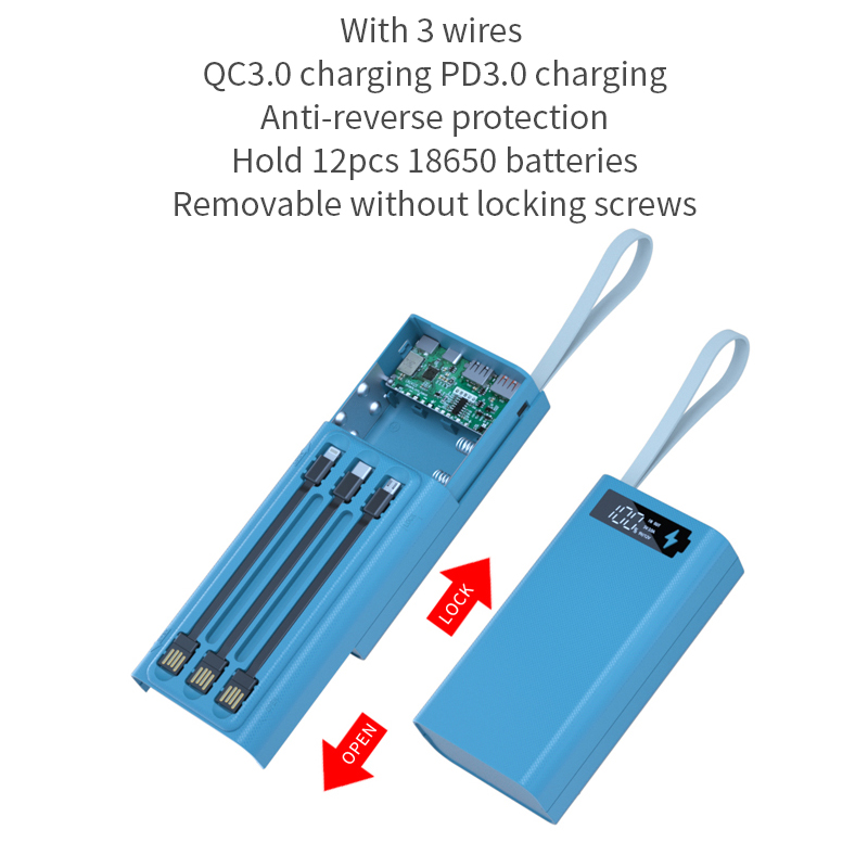 Blaues ladegerät-akkugehäuse, 12*18650 akkuhalter, ladebox pd -qi 10w 12v-1.5a, diy-powerbank für handy, drei usb-anschlüsse