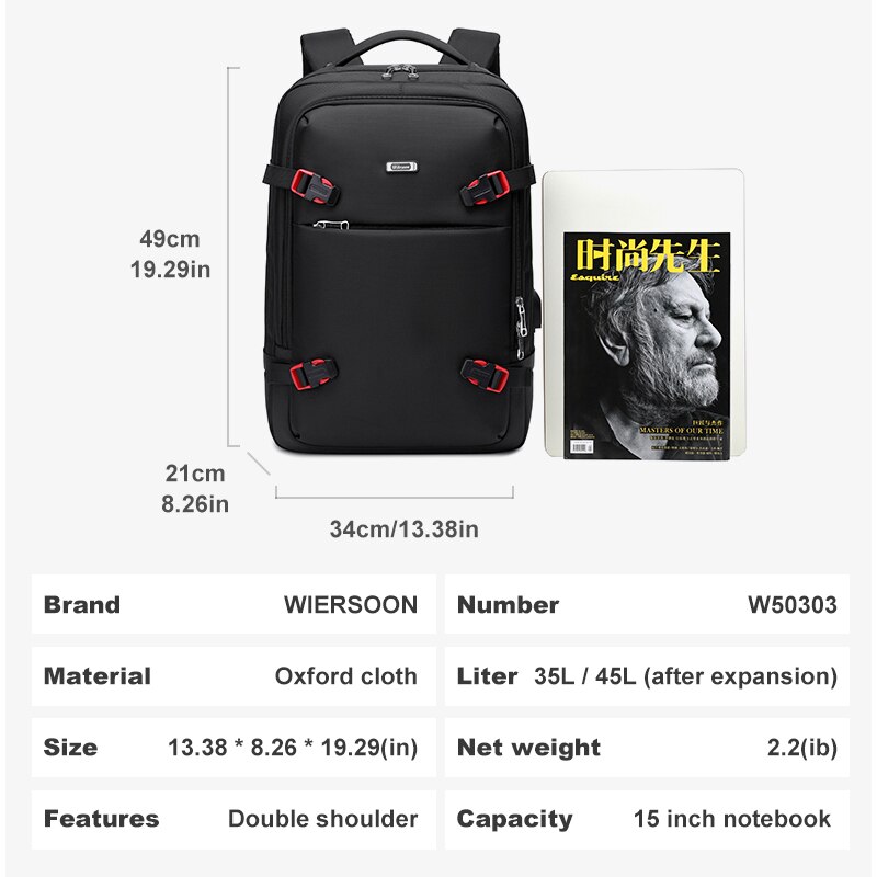 Wiersoon Large Capacity Men Backpacks 15.6 Inch Laptop Backpack USB Charging Headphone Bags Business Travel Backpack