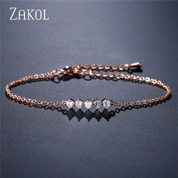 ZAKOL Round Micro Mosaic Cubic Zirconia Rose Gold Color Tennis Bracelet Jewelry Crystal FSBP2043: Rose Gold 3